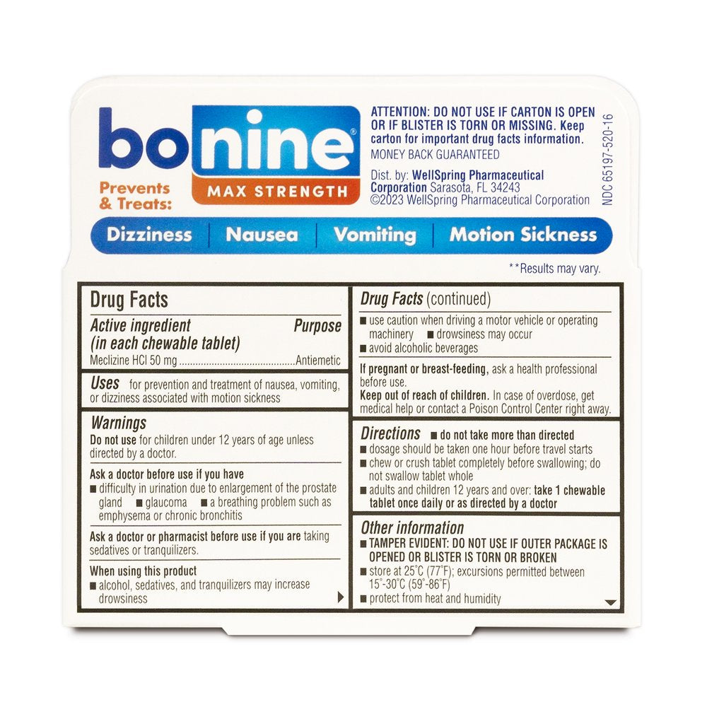 Bonine Maximum Strength Chewable Tablets, Peppermint, 16 Ct