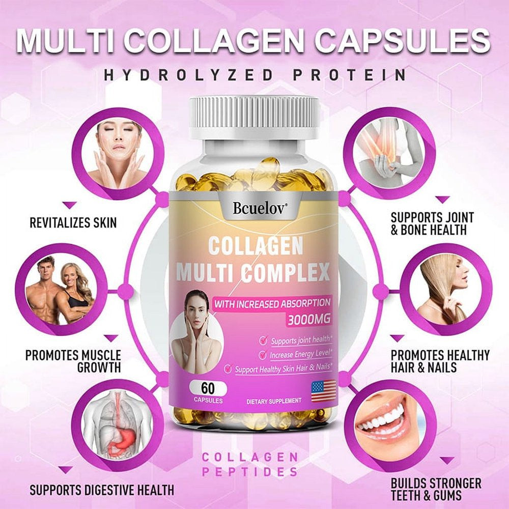 Bcuelov COLLAGEN MULTI COMPLEX - 3000 Mg, Supports Joint, Energy, Skin, Hair & Nail Health, Complex Collagen Capsules