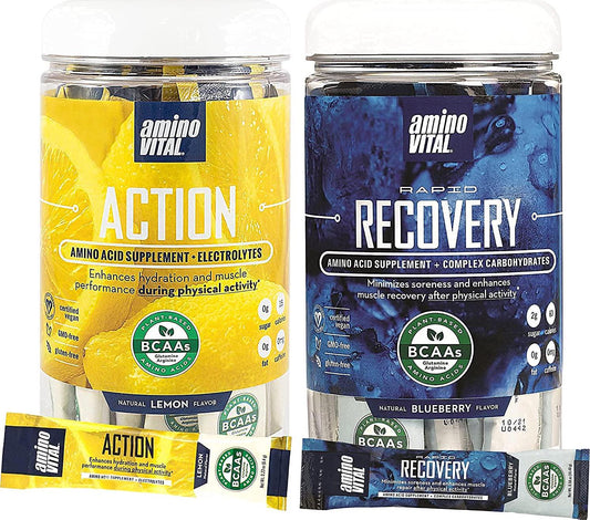 amino VITAL Action (Lemon) and Rapid Recovery Bundle- Vegan BCAAs Amino Acid Mix | Hydration and Endurance | Repair and Recovery
