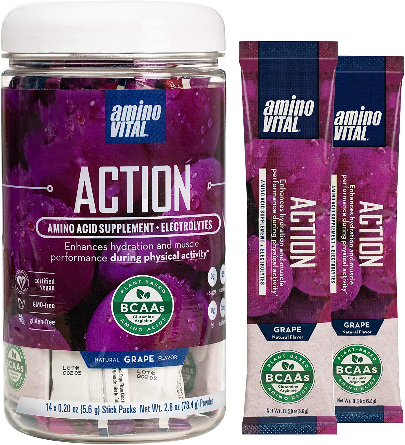 amino VITAL Action - Vegan BCAA Powder with Electrolytes, Glutamine and Arginine, Lemon Single Serve Packets, Keto Friendly Workout Drink Supplement for Hydration and Endurance