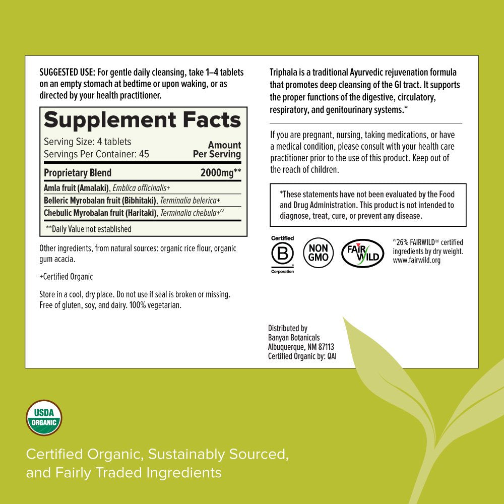 Banyan Botanicals Triphala Tablets - Organic Triphala Supplement with Amla, Haritaki & Bibhitaki – for Daily Detoxifying, Cleansing, & Rejuvenating* – 180 Tablets – Non-Gmo Sustainably Sourced Vegan