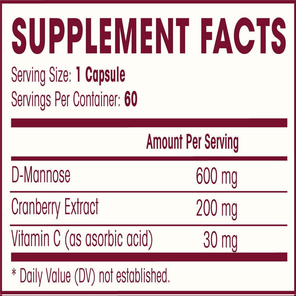 D Mannose with Cranberry Extract and Vitamin C | Urinary Tract Health - UTI Protection - Flush Impurities - Immune System | Non GMO | 60 Veg Capsules