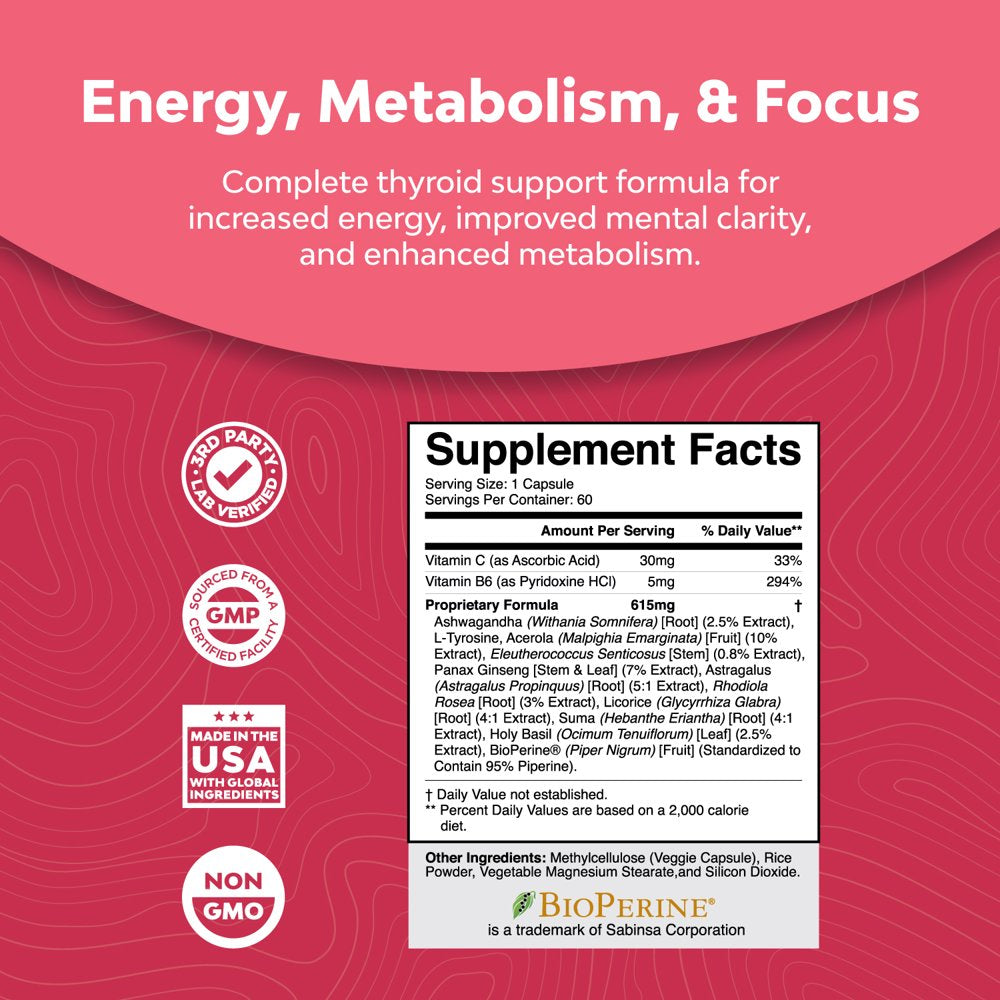 Advanced Thyroid Support for Women with Ashwagandha - Adaptogenic Thyroid Supplement with L Tyrosine Rhodiola and Astragalus Root - Non-Gmo Balancing Herbal Thyroid Energy Women’S Health Supplement