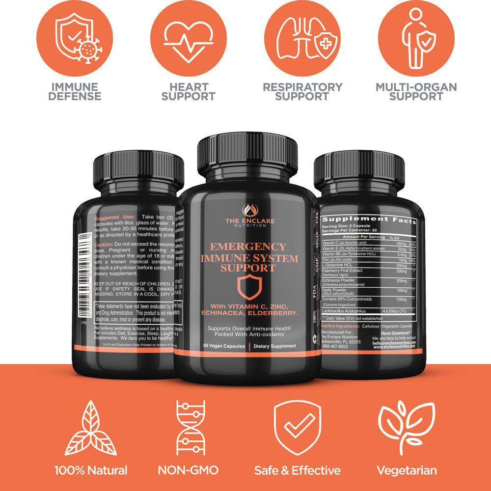 Emergency Immune Support Supplement, 10In1 Immune Boosters for Adults Packed with Daily Anti-Oxidants, Elderberry, Vitamin C, Zinc, and Echinacea, Dietary Supplements 60 Ct. - Enclare Nutrition