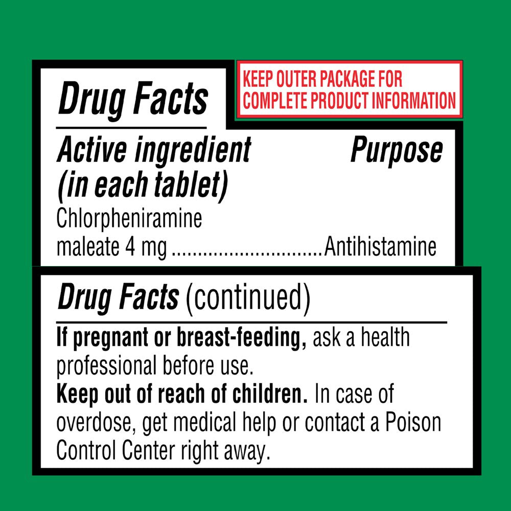 Equate Allergy Relief Medicine, Chlorpheniramine Tablets, 100 Count