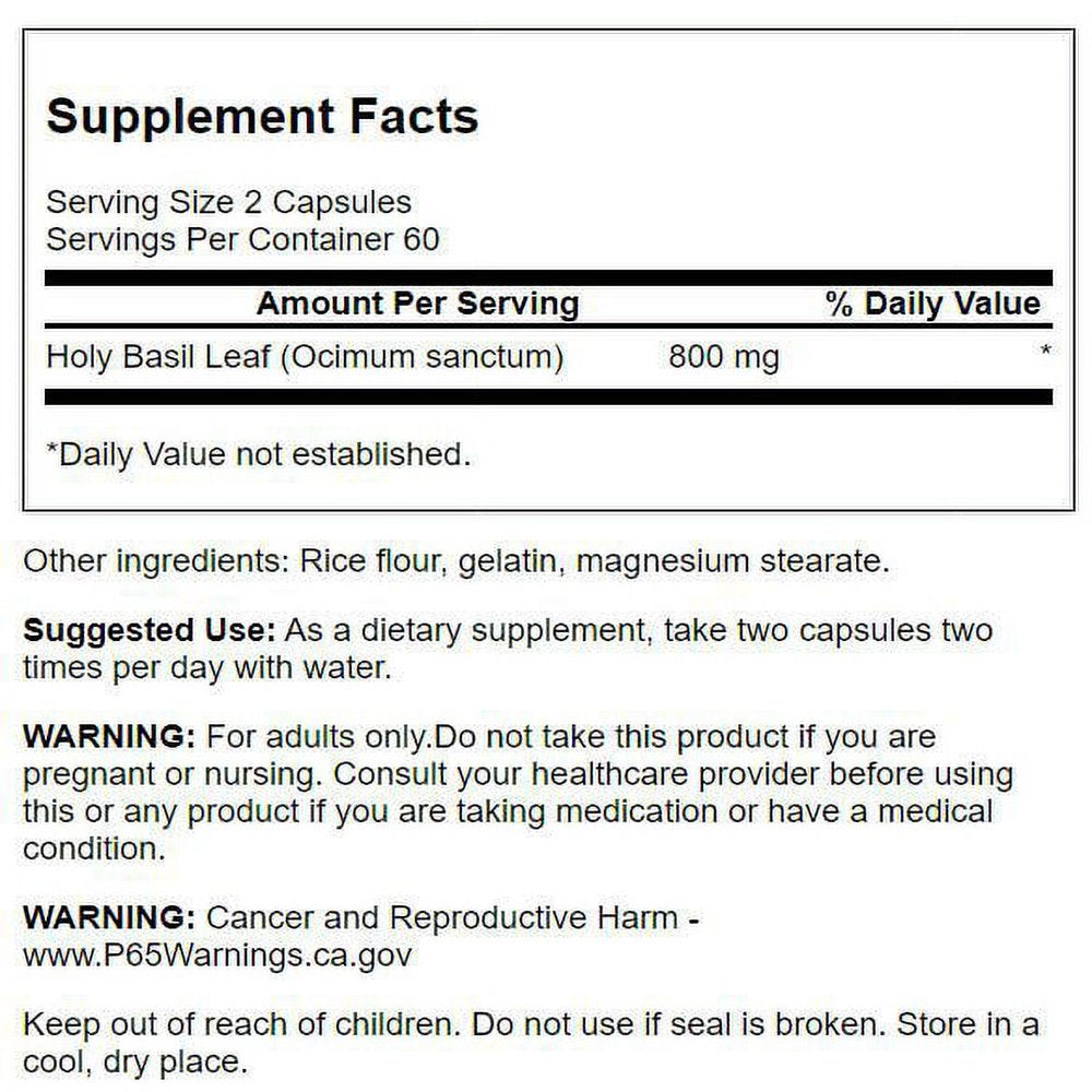 Swanson Holy Basil Leaf (Tulsi) - Stress Support and Emotional Well-Being Supplement - May Support Blood Glucose Levels within the Normal Range - (120 Capsules, 800Mg Each)