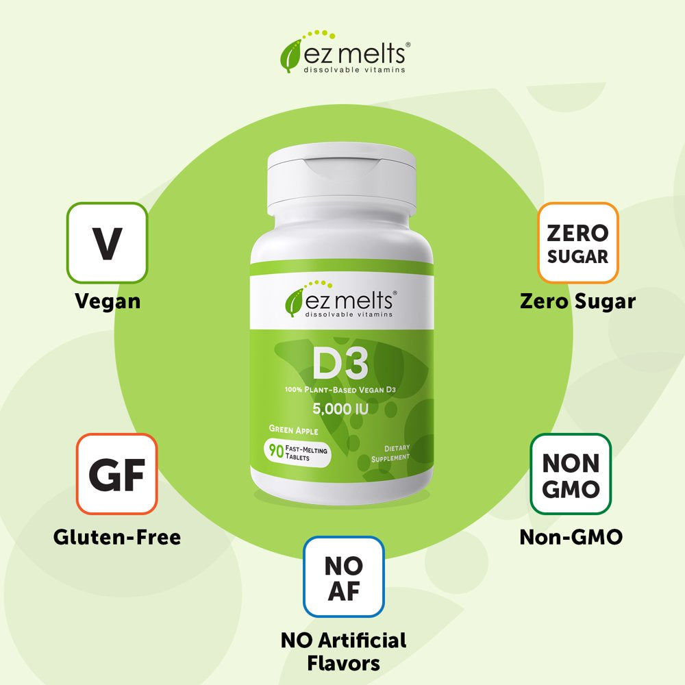 EZ Melts Vitamin D3 Supports Bone and Immune Health, 5000 IU 90 Tablets, Apple Flavored, Vegan Dietary Supplements, Dissolvable and Fast Melting
