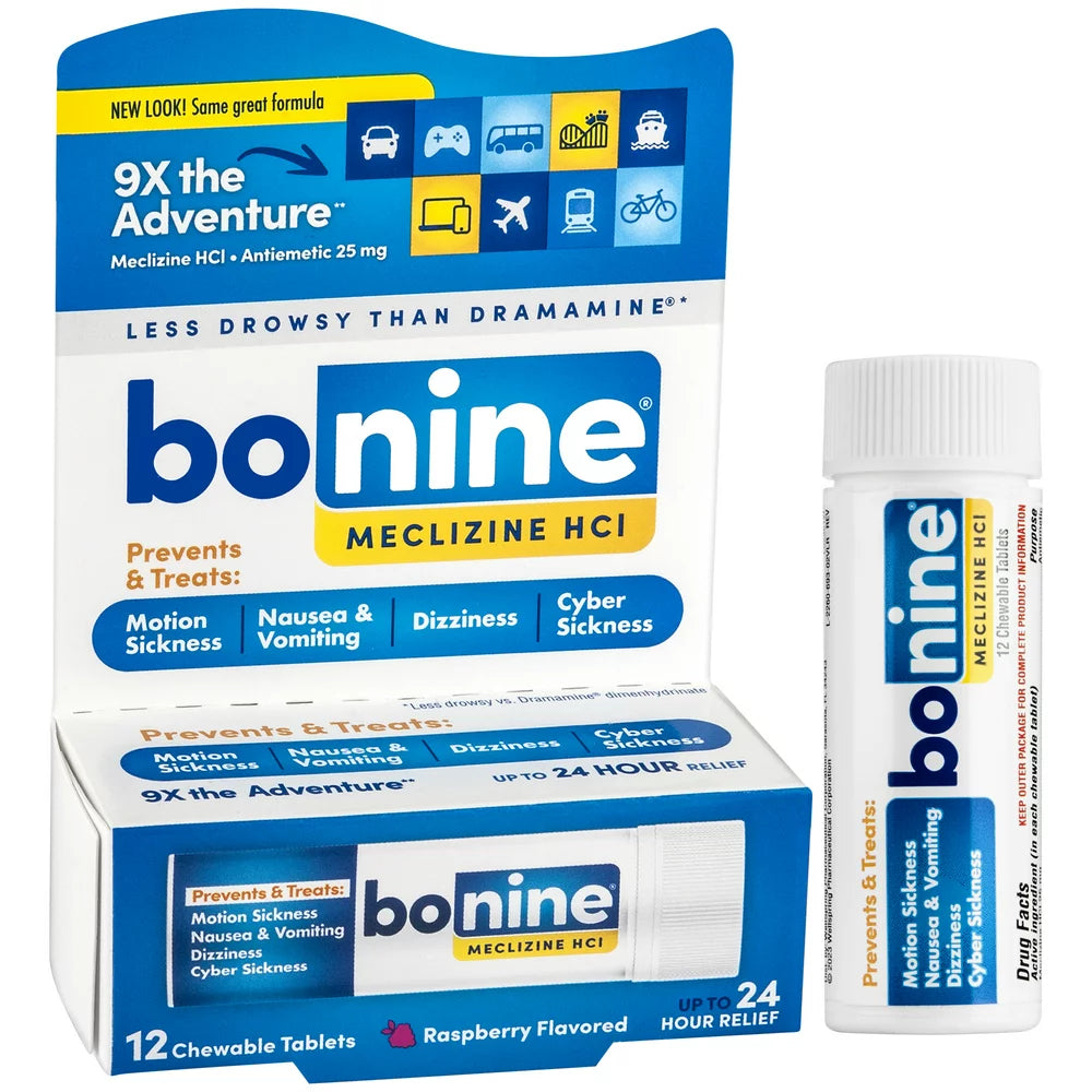Bonine Motion Sickness and Nausea Relief Travel Pack, Chewable Tablets, Raspberry, 12 Ct
