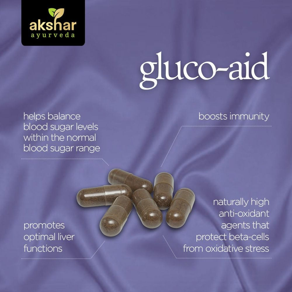 AKSHAR AYURVEDA Gluco Aid Blood Sugar Support Capsules & Overall Health Supplements, 60 Capsules