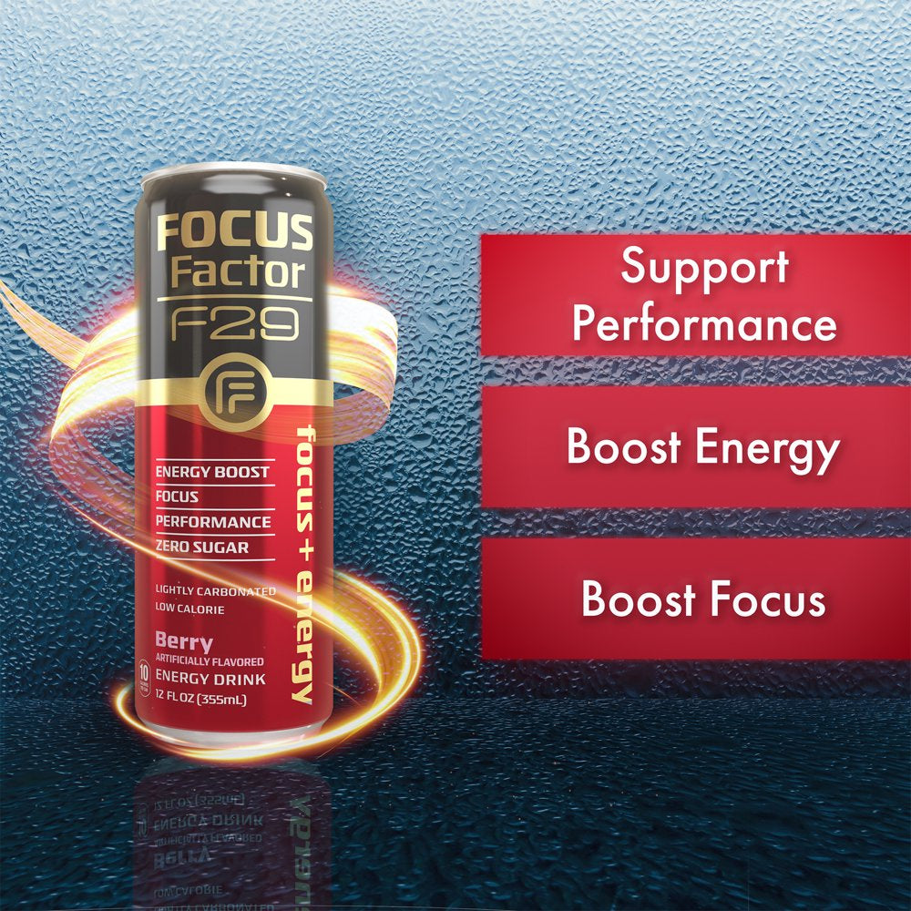 Focus Factor F29 Nootropic Focus + Energy Drink (Berry Flavor) – Sugar Free, Pack of 12 – Lightly Carbonated – 10 Calories per Serving – Nootropic Beverage