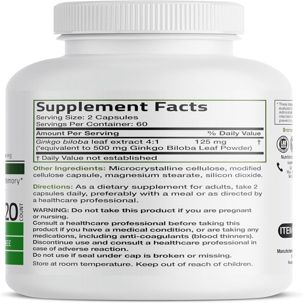 Bronson Ginkgo Biloba Extra Strength 125Mg (4:1 Extract) Equivalent to 500Mg per Serving - Supports Brain Function & Memory Support, 120 Vegetarian Capsules 120 Count (Pack of 1)