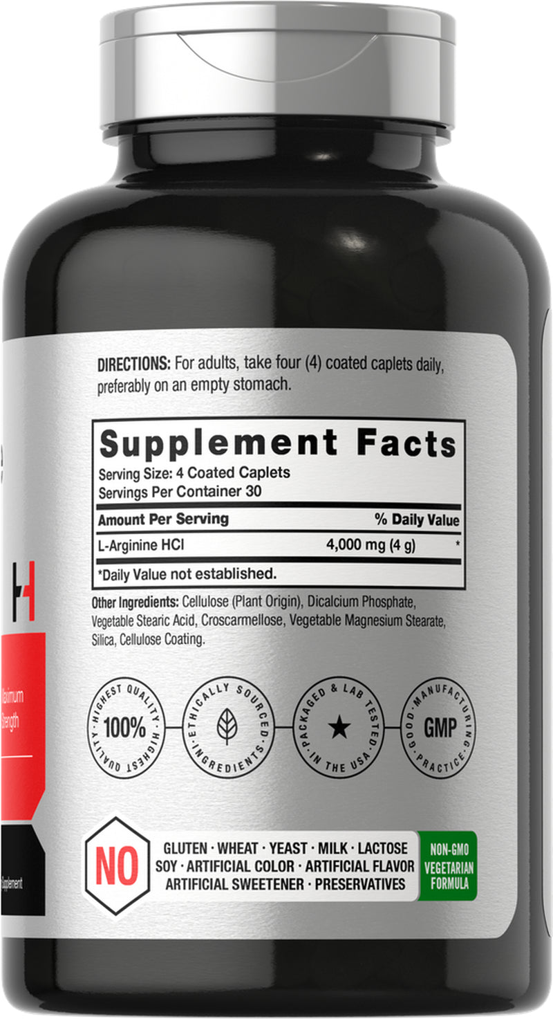 L Arginine 4000Mg | 120 Caplets | Nitric Oxide Precursor | by Horbaach