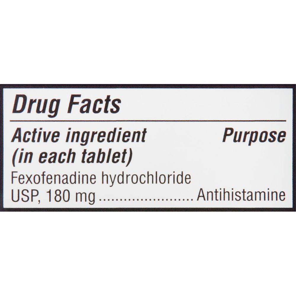 Equate Fexofenadine Hydrochloride USP Non-Drowsy Allergy Relief Tablets, 180 Mg, 30 Count