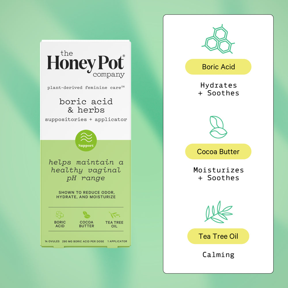 The Honey Pot Company, Boric Acid and Herbal Suppositories + Applicator, 14 Ovules, 1 Applicator