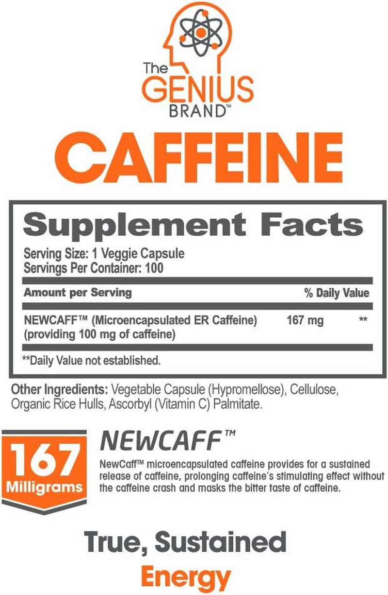 Caffeine Pills Sustained Energy and Focus Supplements with Zero Crash, Natural Weight Loss Support, Genius Caffeine by the Genius Brand
