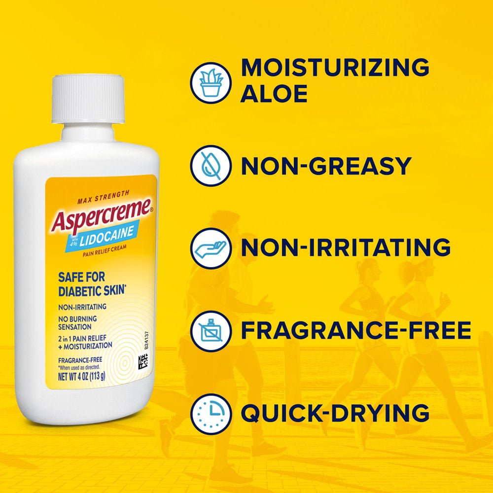 Aspercreme Maximum Strength Numbing Pain Relief Cream with Lidocaine for Foot Pain- Diabetic Skin 4Oz