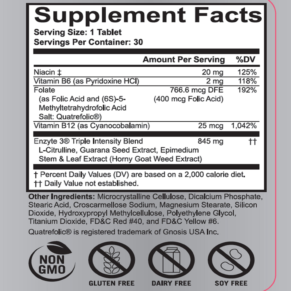 Enzyte3 Male Enhancement Supplement for Energy & Endurance - L-Citrulline, Epimedium, Guarana Seed, Horny Goat Weed, Niacin, Vitamins B6 & B12, Folate - 30 Day Supply