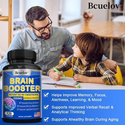 Bcuelov 40 in 1 Brain Supplement Capsules, Advanced Vitamins for Men and Women, Nootropic Support for Cognitive Function, Brain Health Formula