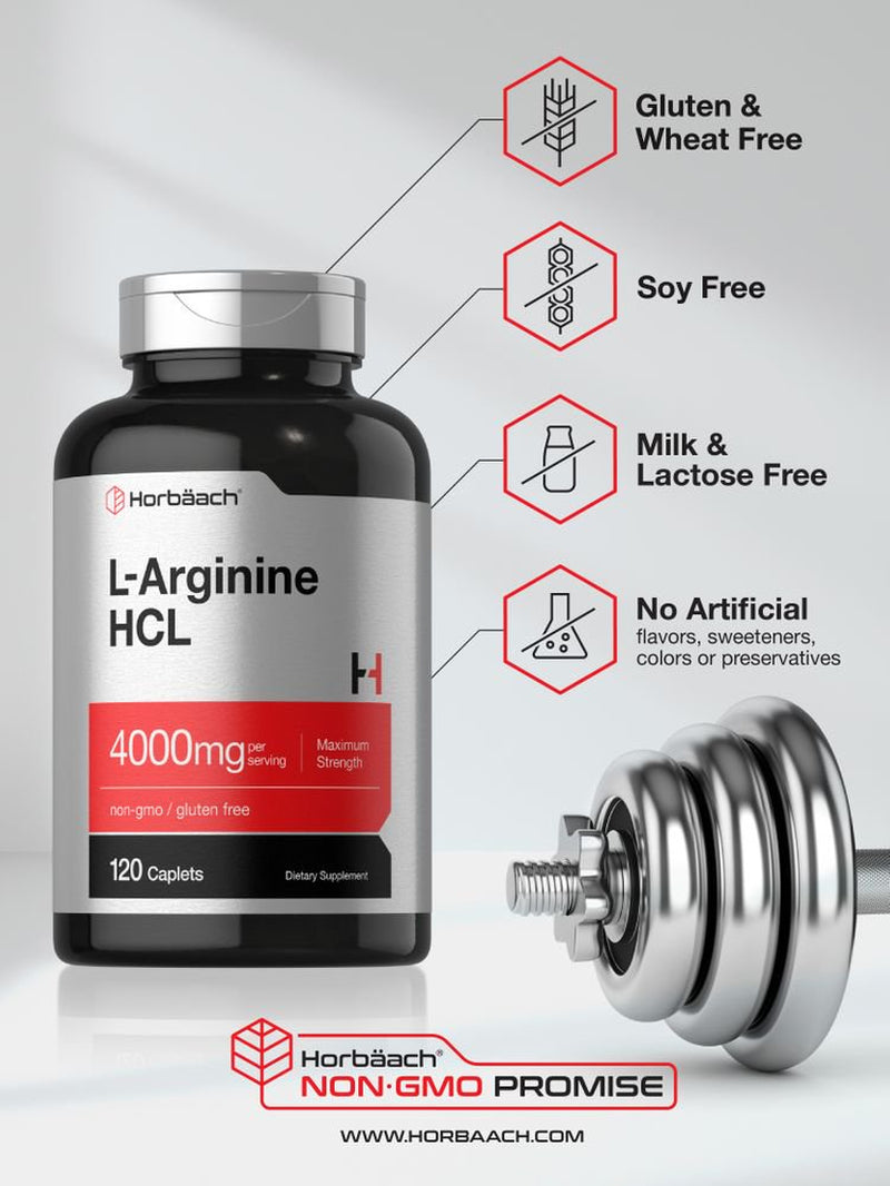 L Arginine 4000Mg | 120 Caplets | Nitric Oxide Precursor | by Horbaach