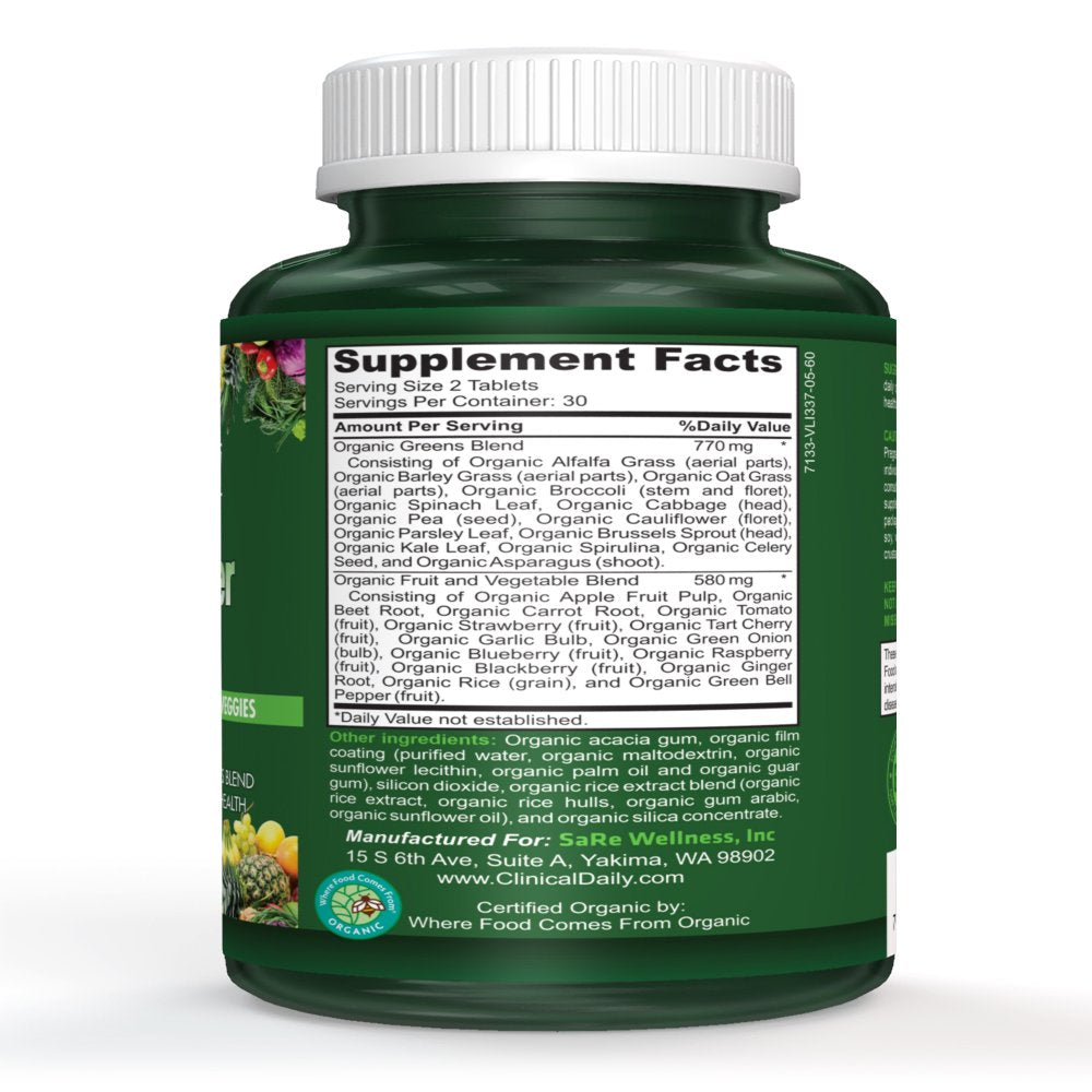CLINICAL DAILY Raw Power Greens Organic USDA Tablets - Start Dissolving Fast for Absorption. Your Super Greens Powder Organic Superfood in Convenient Fruits and Veggies Supplement Pills. Vegan 60 Ct