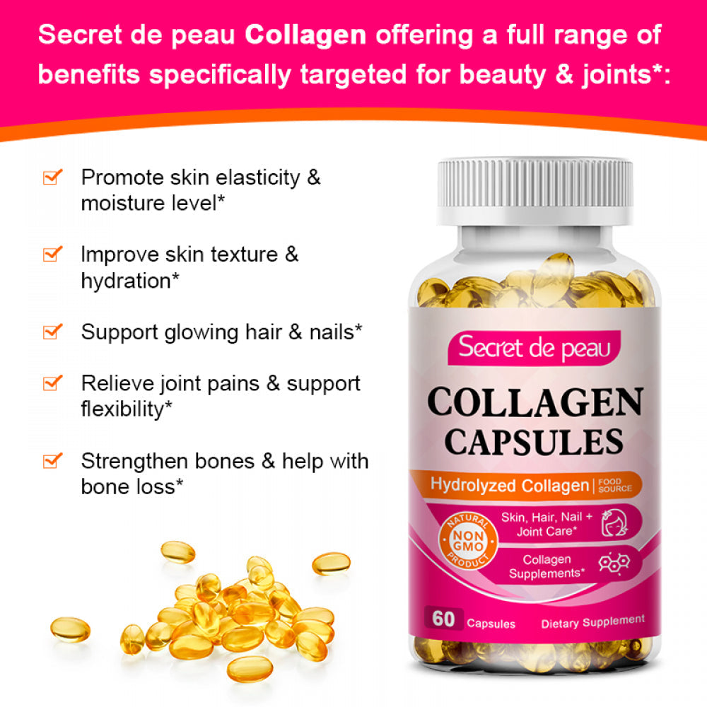 Clearance! Secret De Peau Collagen Capsules - Collagen Pills, 60 Count, for Skin, Hair, Nails & Joints, Collagen Supplements for Women & Men, Non-Gmo