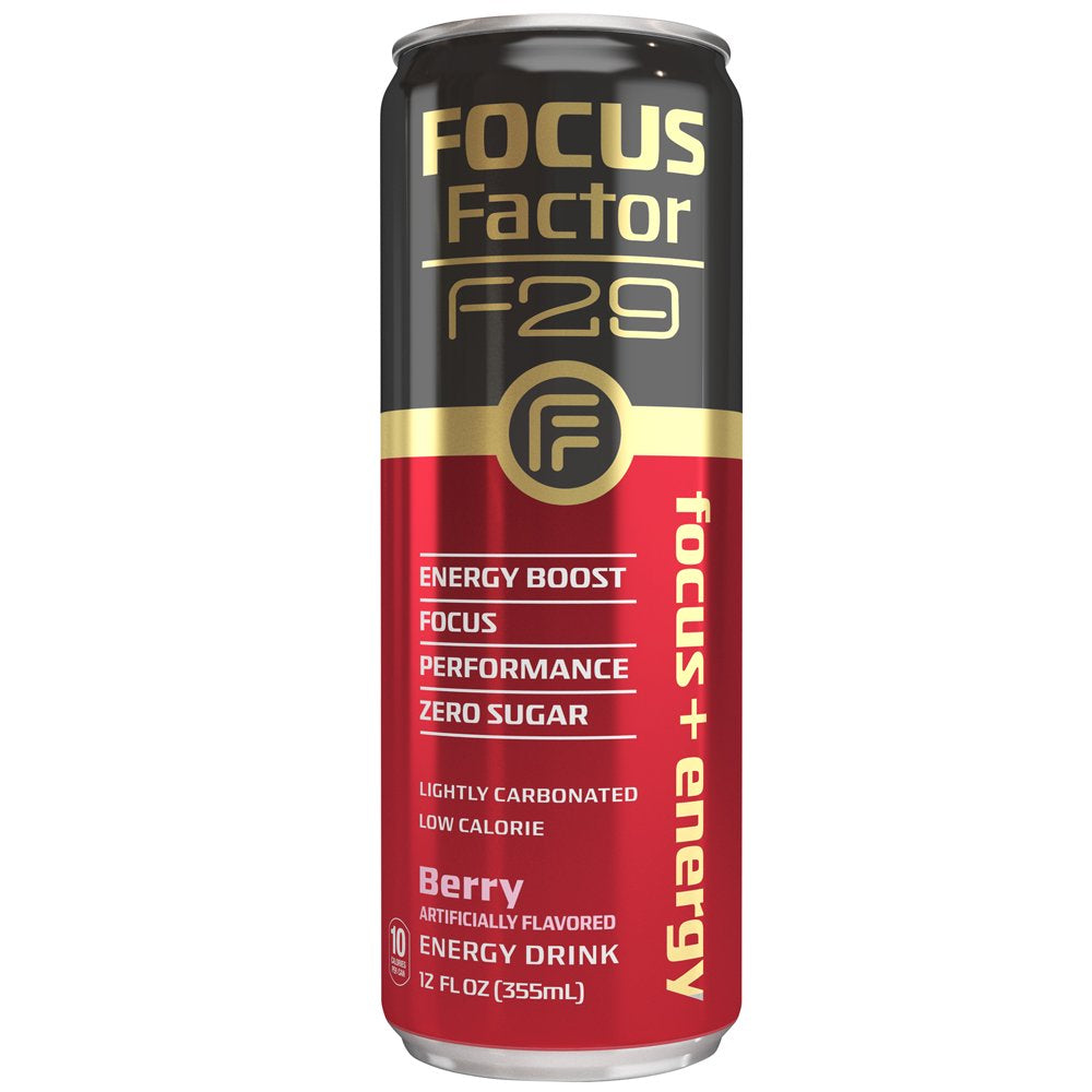 Focus Factor F29 Nootropic Focus + Energy Drink (Berry Flavor) – Sugar Free, Pack of 12 – Lightly Carbonated – 10 Calories per Serving – Nootropic Beverage