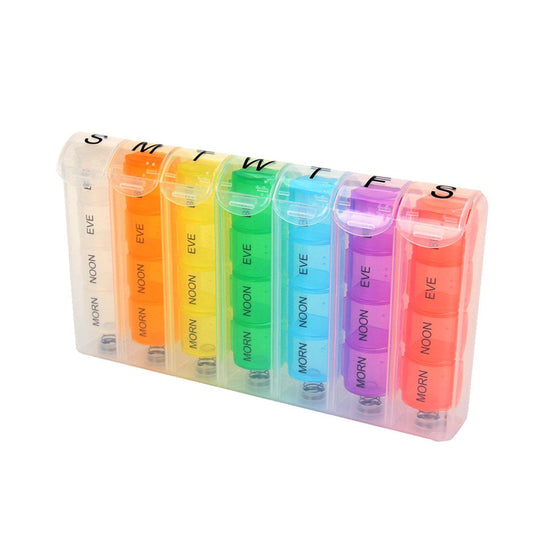 7 Days Weekly Health Care Spring Pill Box Organizer Portable 4 Times a Day Medicine Vitamin Storage Dispenser Cutter Container C