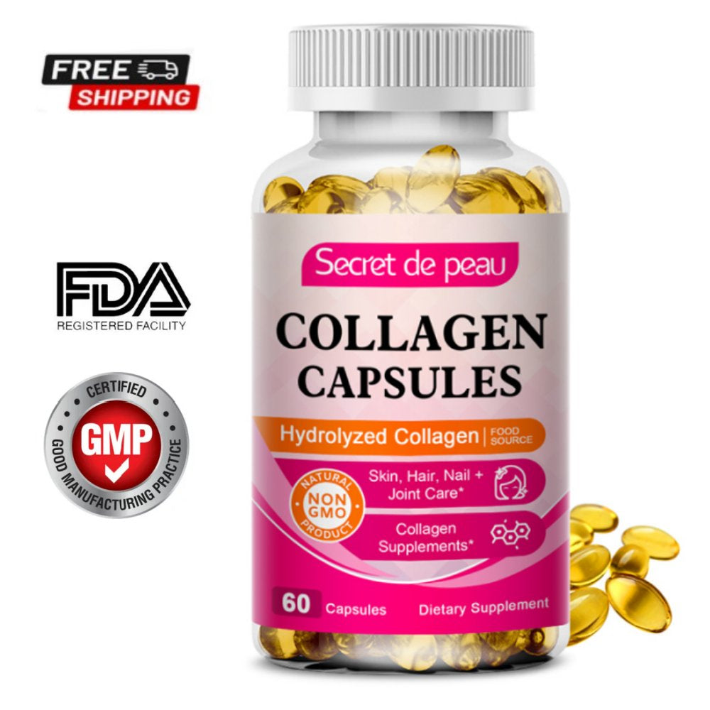 Clearance! Secret De Peau Collagen Capsules - Collagen Pills, 60 Count, for Skin, Hair, Nails & Joints, Collagen Supplements for Women & Men, Non-Gmo