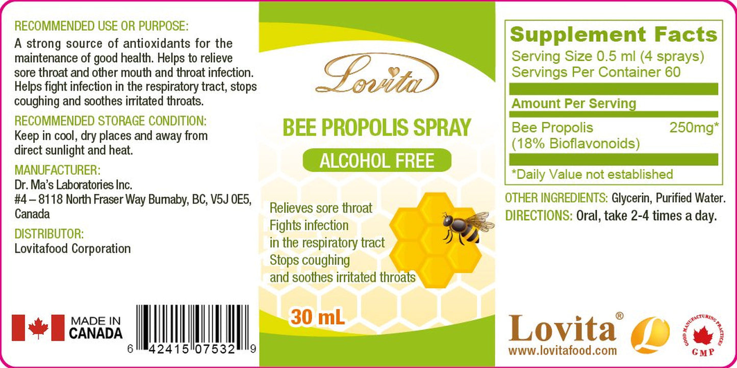 Lovita Propolis Spray, 250Mg per Servings, High Bioflavonoids. Relief Sore Throat. Immue Support. Alcohol Free, High Potency. 1 Fl Oz.