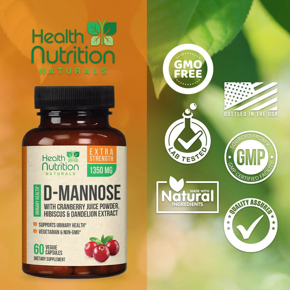 D-Mannose with Cranberry Extract 1350 Mg Complex - Fast-Acting Urinary Tract Health Support, Natural Non-Gmo & Vegan Capsules, Flush Impurities, Extra Strength Dmannose for Women & Men - 60 Capsules