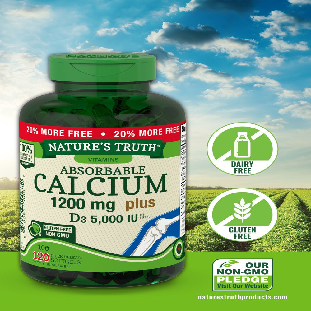 Absorbable Calcium 1200 Mg with Vitamin D3 5000 IU | 120 Softgels | Calcium Carbonate Supplement | Nature'S Truth