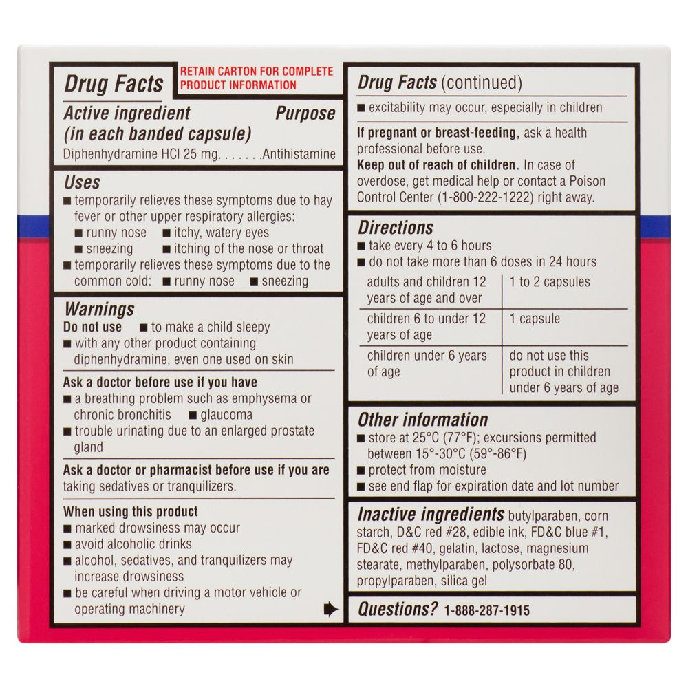Equate Diphenhydramine Allergy Relief Capsules, 25 Mg, 24 Count