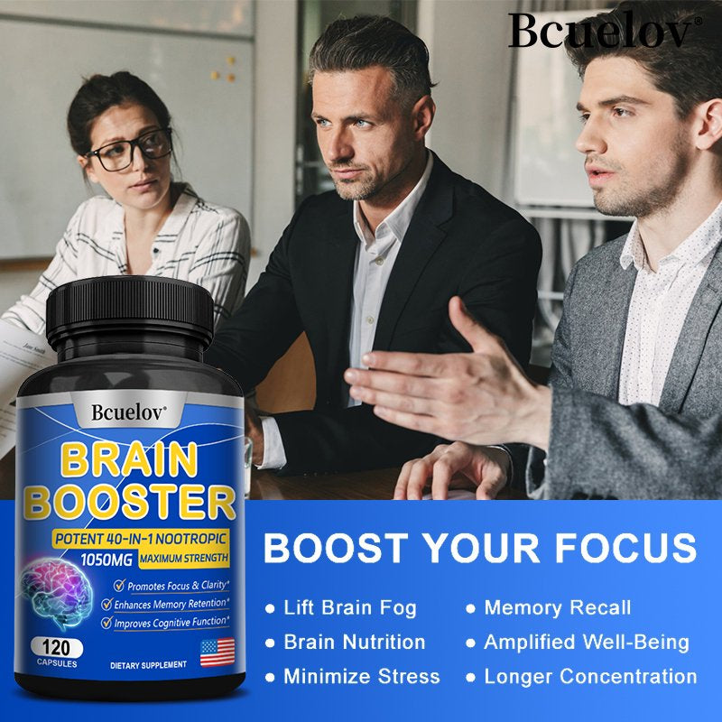 Bcuelov 40 in 1 Brain Supplement Capsules, Advanced Vitamins for Men and Women, Nootropic Support for Cognitive Function, Brain Health Formula