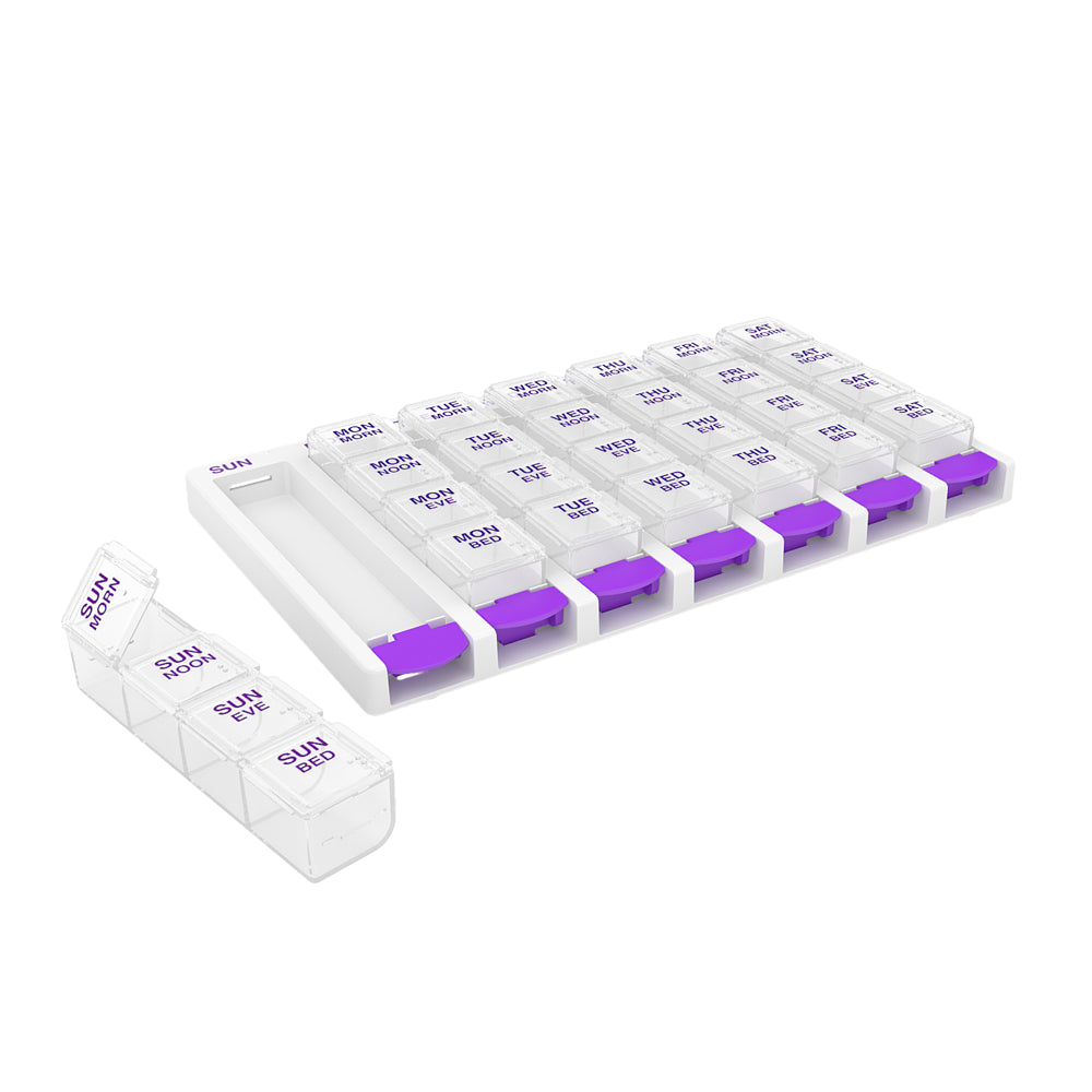Ezy Dose Weekly (7-Day) Pill Organizer, 4 Times a Day, Push Button, Pop-Out Travel Compartments
