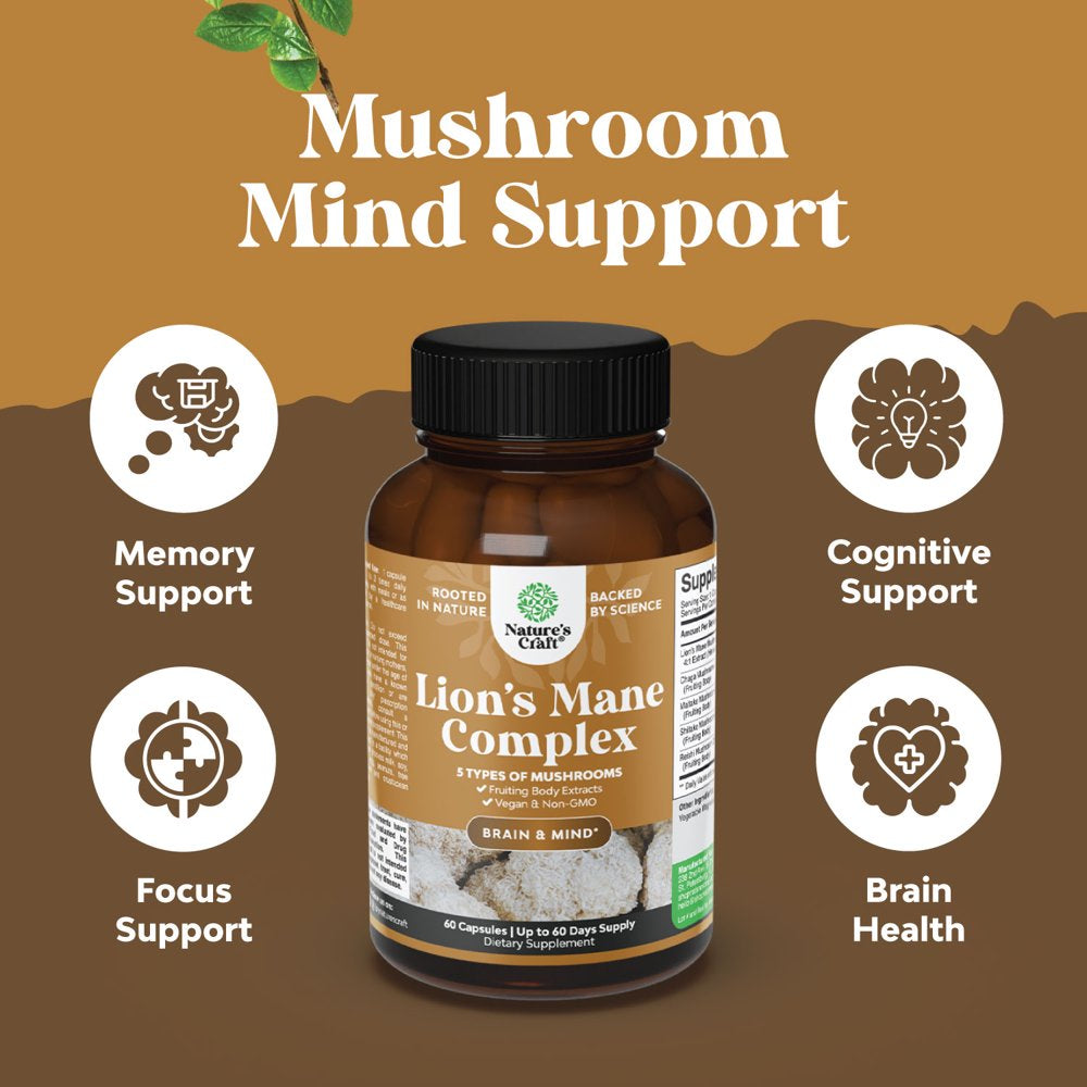 Advanced Lion'S Mane Mushroom Supplement - Lions Mane Supplement Capsules with 5X Fruiting Body Mushroom Complex with Chaga Maitake Shiitake and Reishi - Brain Booster Nootropic Supplement (60 Caps)