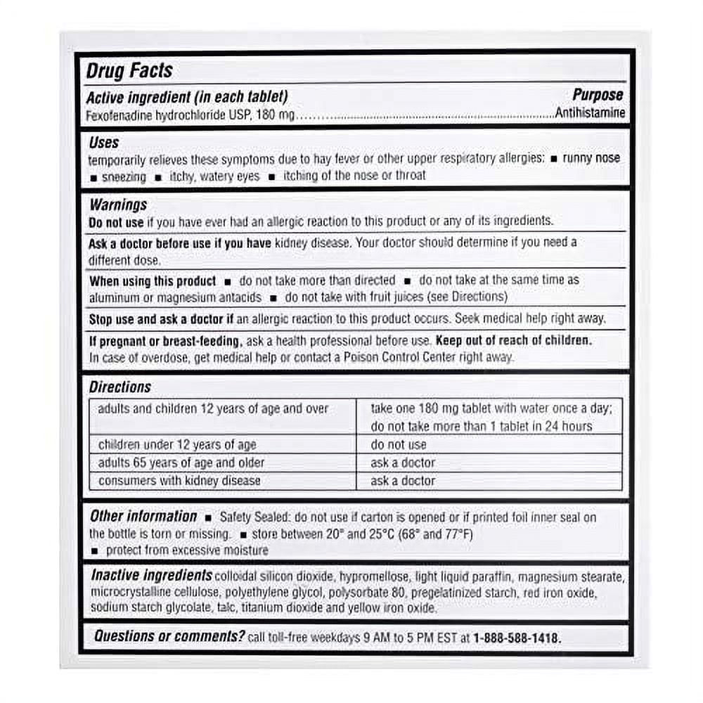 Fexofenadine Hydrochloride (Hcl) Allergy 180Mg Generic Tablet, Compared to Allegra, Camber, 100 Ct (Pack of 1)