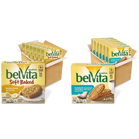 belVita Soft Baked Breakfast Biscuits, Banana Bread Flavor, 6 Boxes of 5 Packs (1 Biscuit Per Pack) and Toasted Coconut Breakfast Biscuits, 6 Boxes of 5 Packs (4 Biscuits Per Pack)