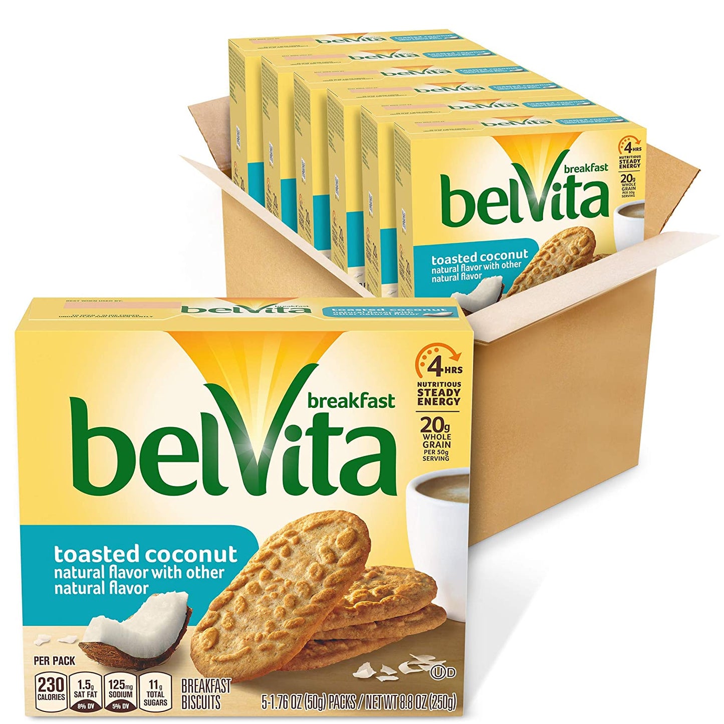 belVita Toasted Coconut Breakfast Biscuits, 6 Boxes of 5 Packs (4 Biscuits Per Pack) and Sandwich Peanut Butter Breakfast Biscuits, 6 Boxes of 5 Packs (2 Sandwiches Per Pack)