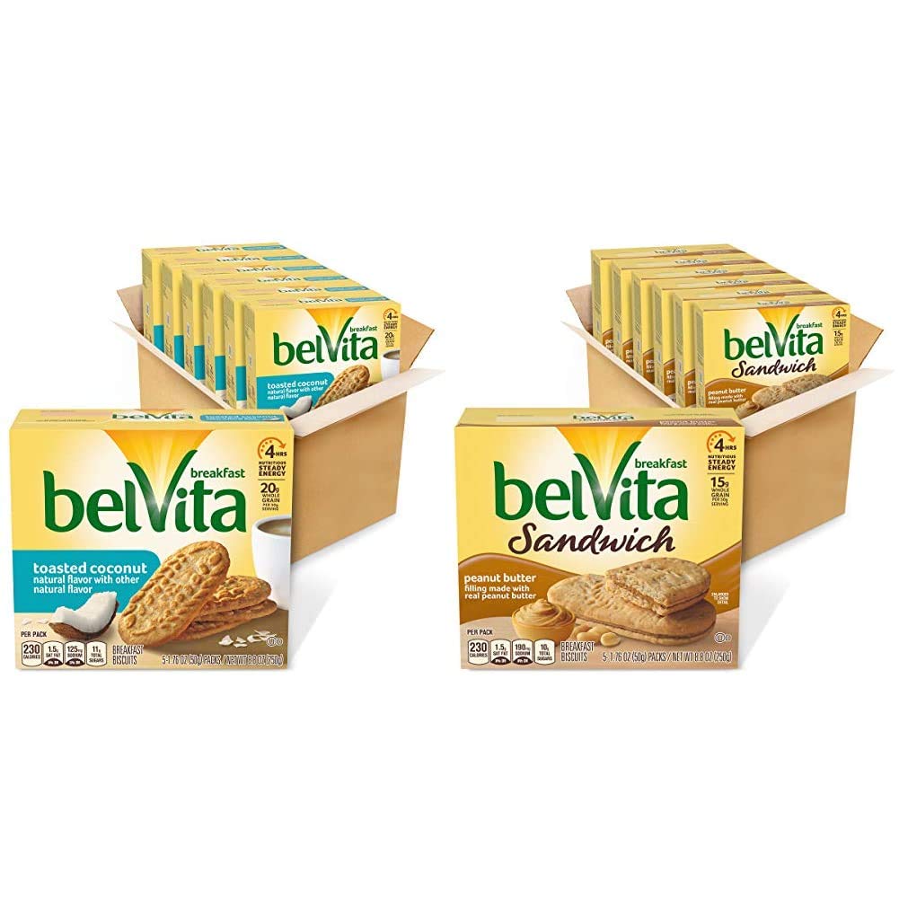 belVita Toasted Coconut Breakfast Biscuits, 6 Boxes of 5 Packs (4 Biscuits Per Pack) and Sandwich Peanut Butter Breakfast Biscuits, 6 Boxes of 5 Packs (2 Sandwiches Per Pack)