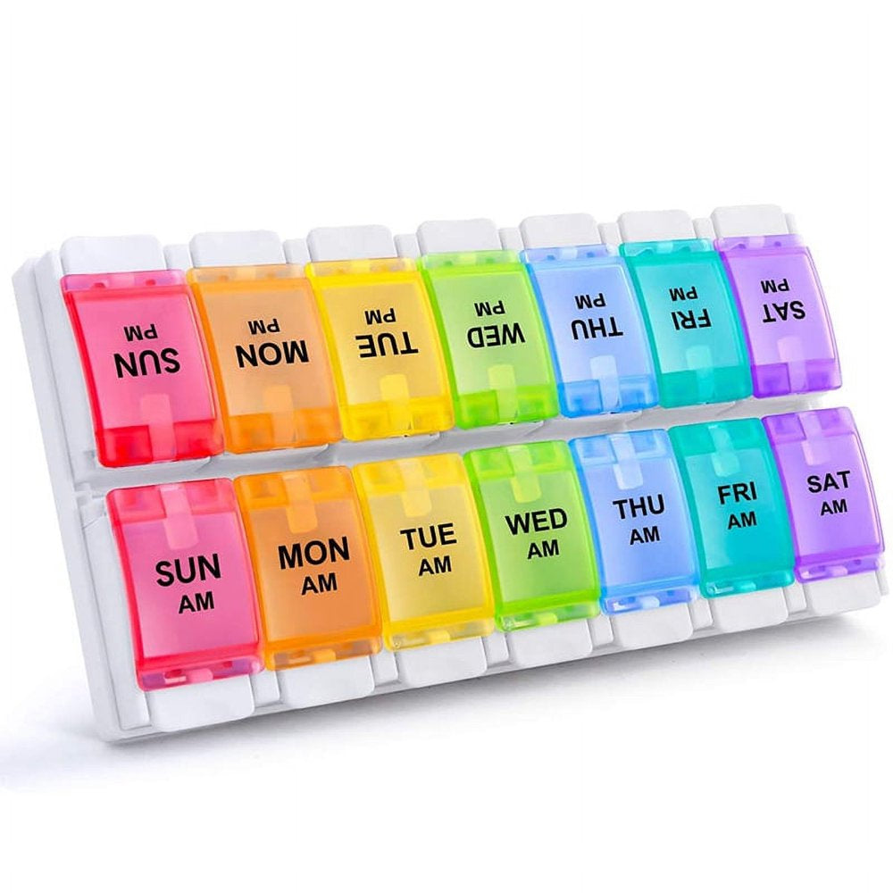 AM/PM Weekly 7 Day Pill Organizer Large Daily Pill Cases Box with Easy Push Button Design for Pills Vitamin Fish Oil Supplements Organizers,Colorful