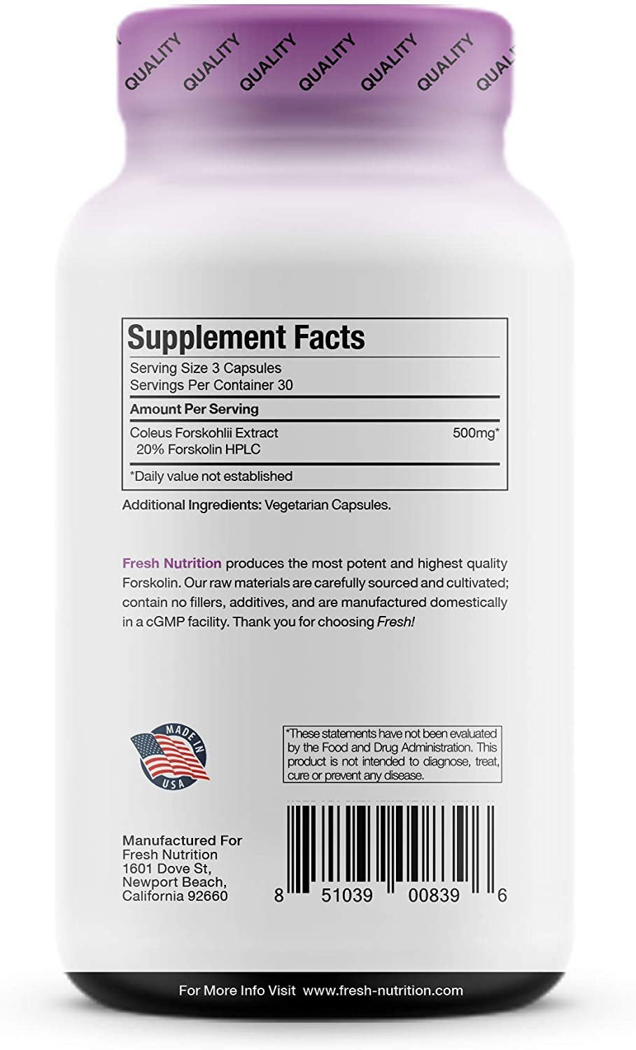 Fresh Nutrition Forskolin Supplement - Strongest DNA Verified - Belly Fat Burner 90 Caps