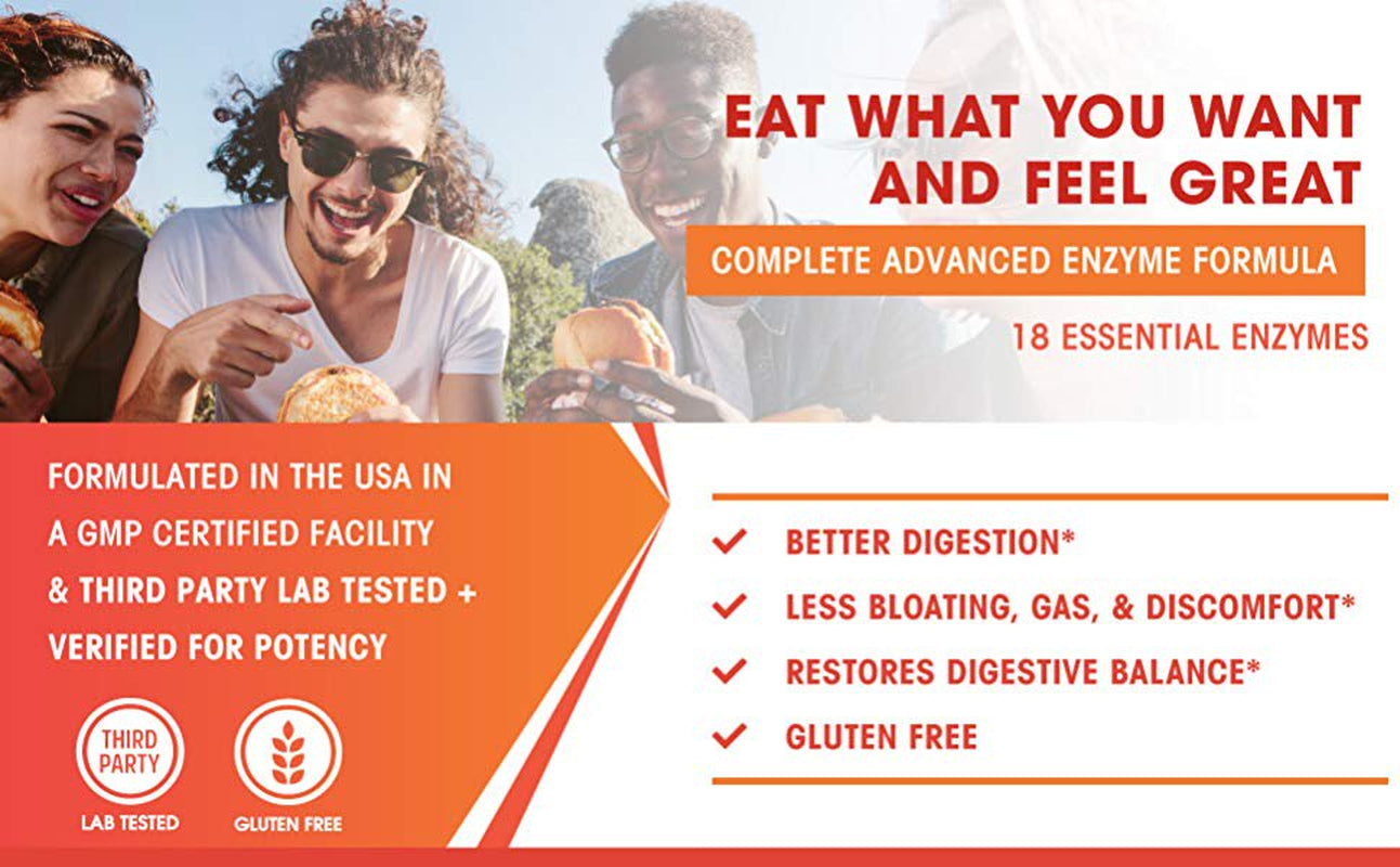 Digestive Enzymes Complete - Advanced Multi Enzyme Supplement for Better Digestion & Absorption. Help Gas Relief, Discomfort, Bloating, IBS, Gluten & Lactose Intolerance