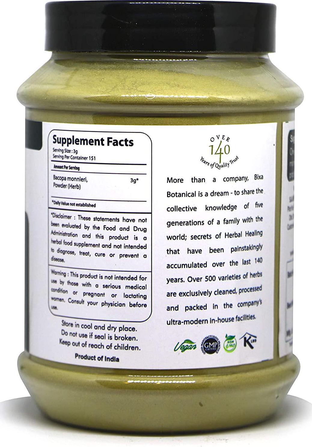 bixa BOTANICAL Brahmi Powder(Bacopa Powder)(Bacopa Monnieri/Brahmi Leaves) Ideal Brain Tonic, Ayurvedic Herbal Supplement For Brain, Intelligence and Focus, Useful To Improve Voice Quality 1 Pound/16 Oz