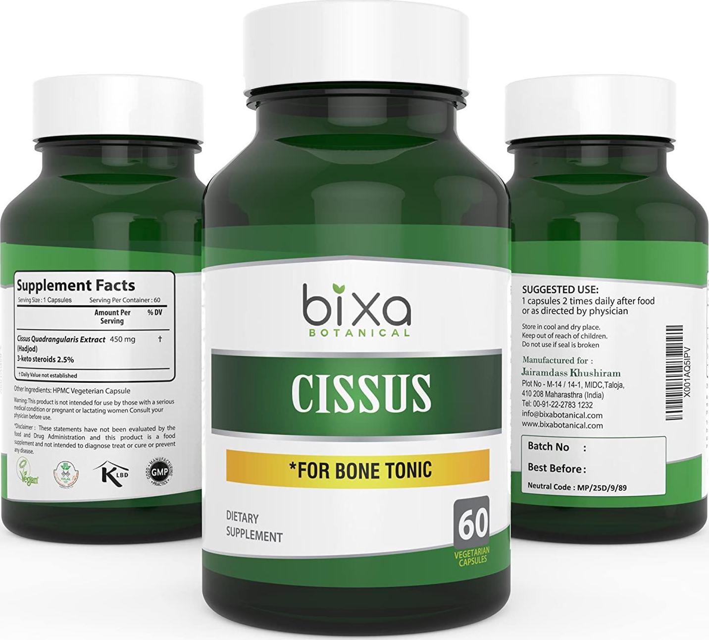 bixa BOTANICAL Cissus Extract Ayurvedic Herb For Bone Tonic, Herbal Supplement ,Veg Capsules 60 Count (450Mg)