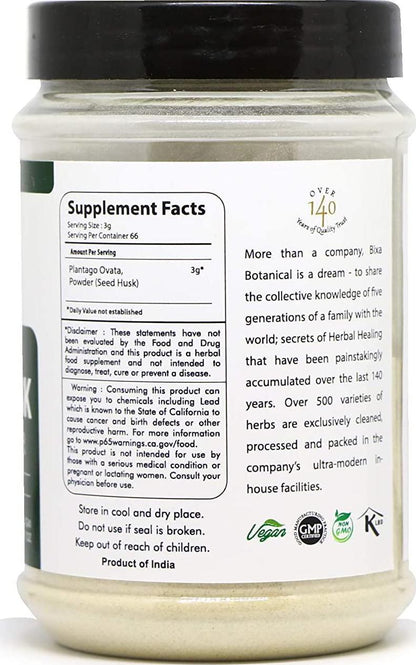 bixa BOTANICAL Psyllium Husk Powder(Plantago Ovata) Daily Laxative Fibre, Natural Dietary Supplement, Maintains Gut(Intestinal) Motility and Eliminate Toxic Waste. Natural Safe Laxative With Fibres 200G