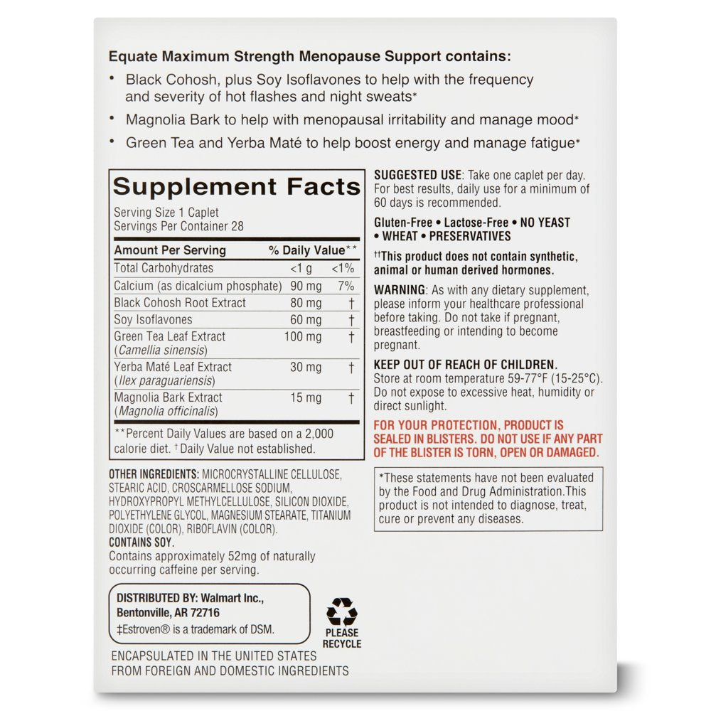 Equate Menopause Support Maximum Strength Dietary Supplement, 28 Count