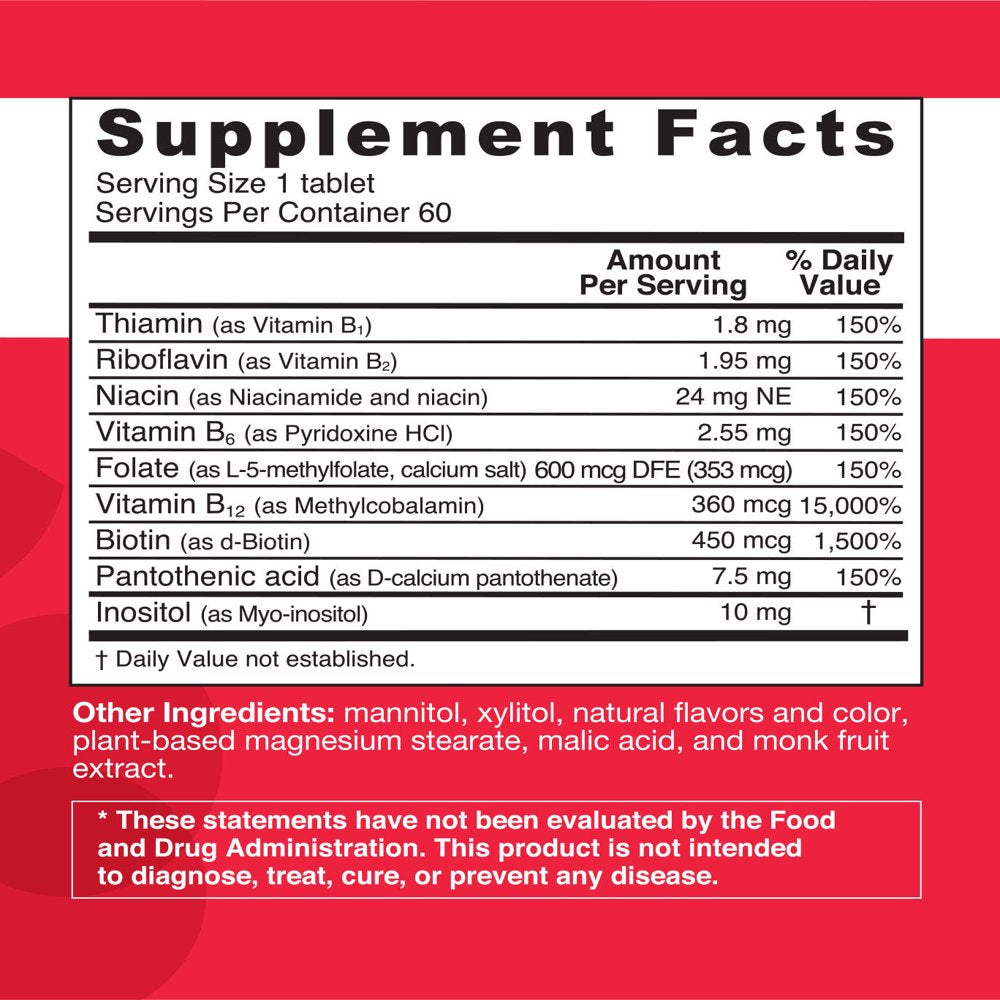 EZ Melts Sublingual Vitamin B Complex with Methylfolate for Stress and Mood Support, 9 Vital Vitamin B, 60 Tablets, Strawberry Flavored, Vegan Dietary Supplements, Dissolvable and Fast Melting