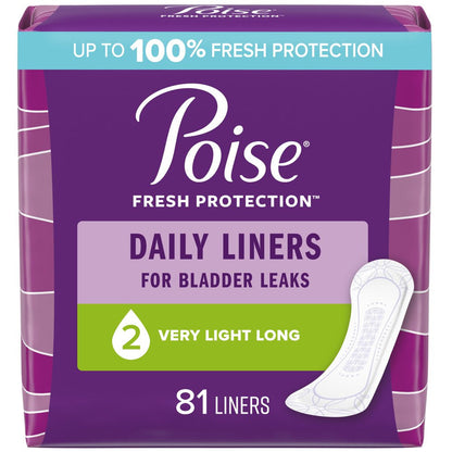 Poise Daily Incontinence Panty Liners, 2 Drop, Very Light Absorbency, Long, 81Ct