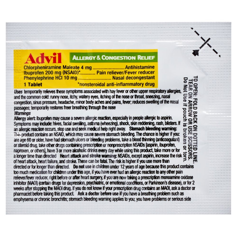 Advil Allergy and Congestion Relief Pain and Headache Reliever Ibuprofen, Coated Tablets, 50 Count