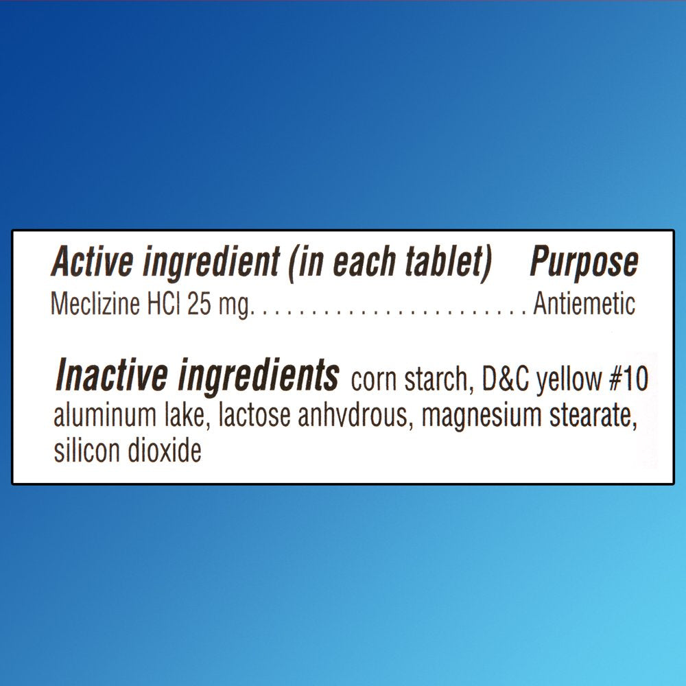 Equate Less-Drowsy Formula Motion Sickness Relief Meclizine HCI Tablets, 25 Mg, 8 Count